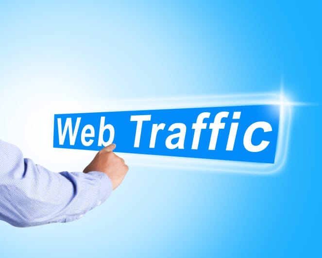 Business man hand touch web traffic text on abstract background